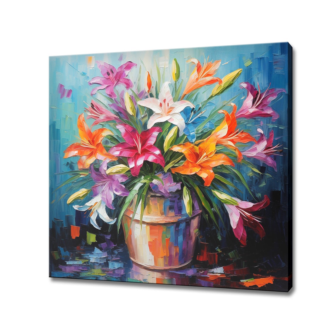 Rainbow Lily Bouquet Copper Vase Colorful Floral Oil Painting Poster