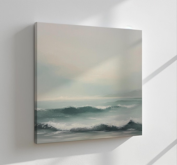 Misty Ocean Waves Seascape Soft Neutral Coastal Painting Wall Art