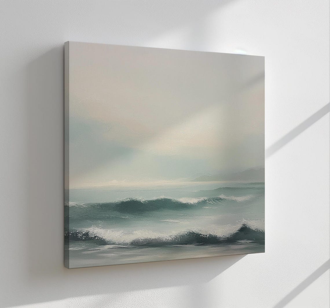 Misty Ocean Waves Seascape Soft Neutral Coastal Painting Wall Art