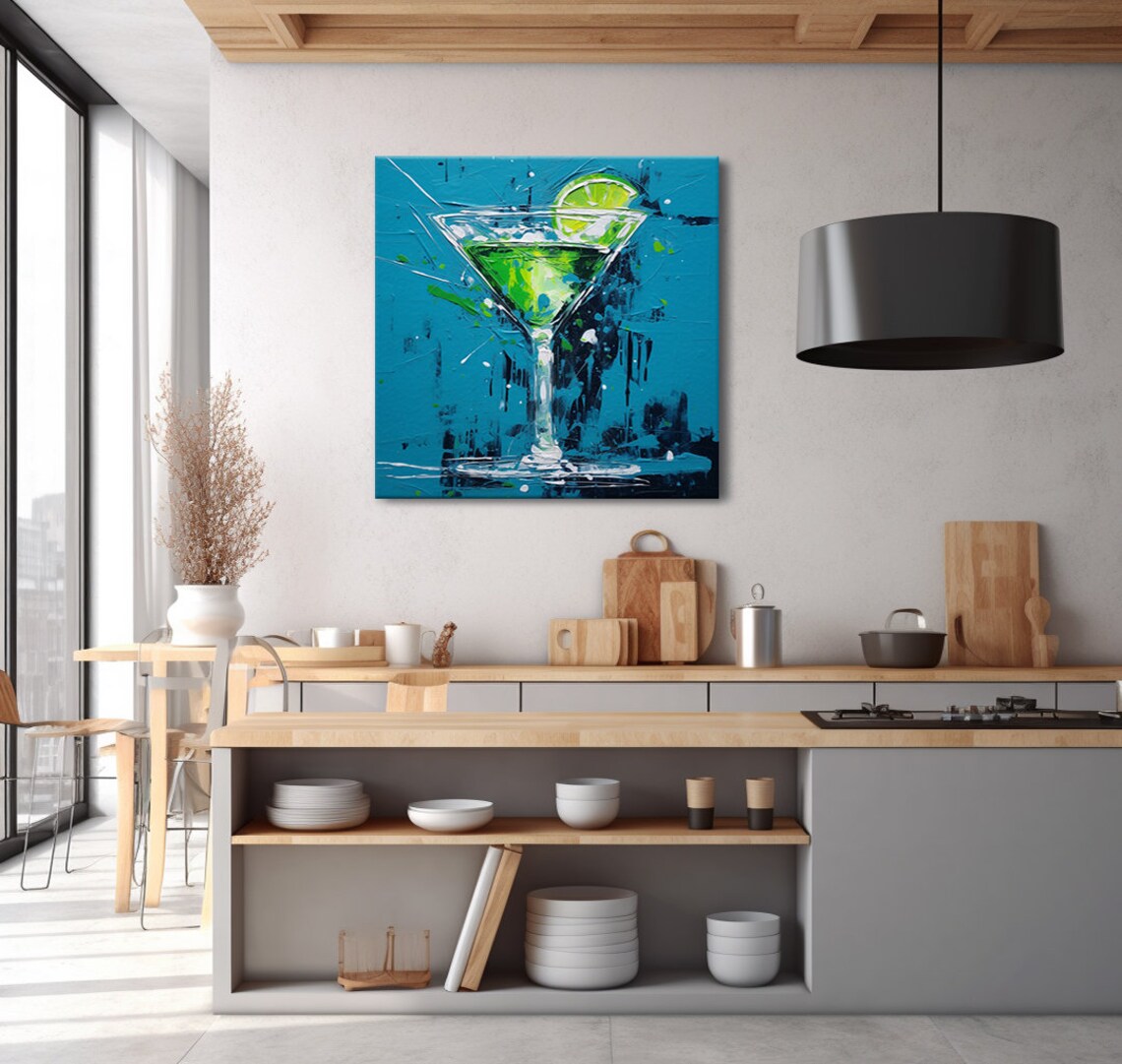 Green Margarita Cocktail Glass Abstract Impasto Teal Blue Bar Kitchen Wall Art - Image 2