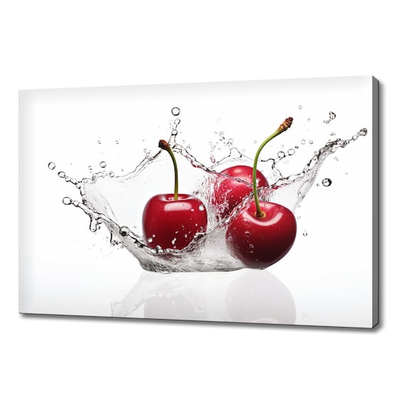 Red Cherry Fruits Splashing In Water Print Fruits Lover Gift Kitchen Restaurant Wall Art Print Colourful Fruits Wall Decor