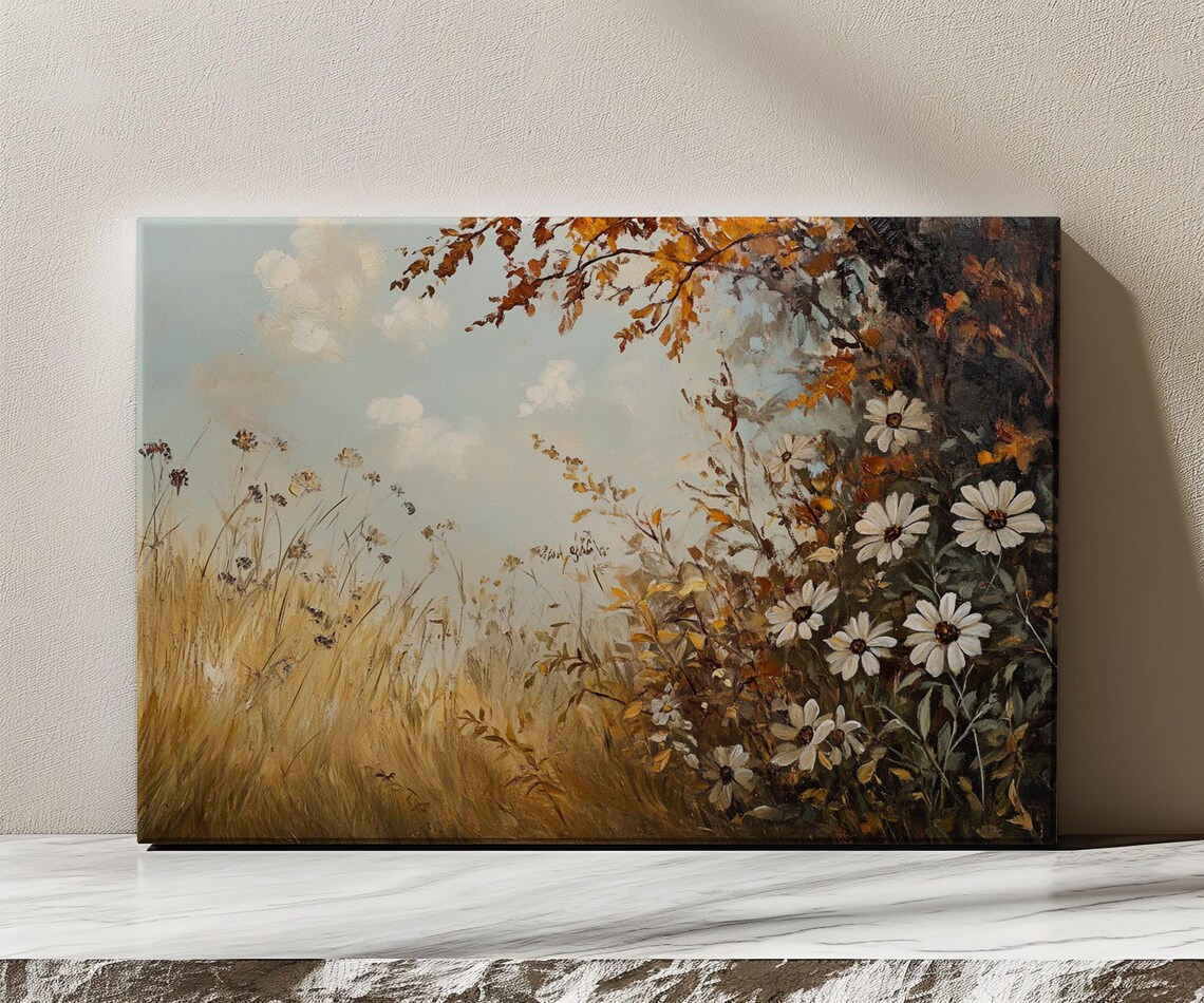 Autumn Meadow Daisy Field Vintage Golden Landscape Painting Poster