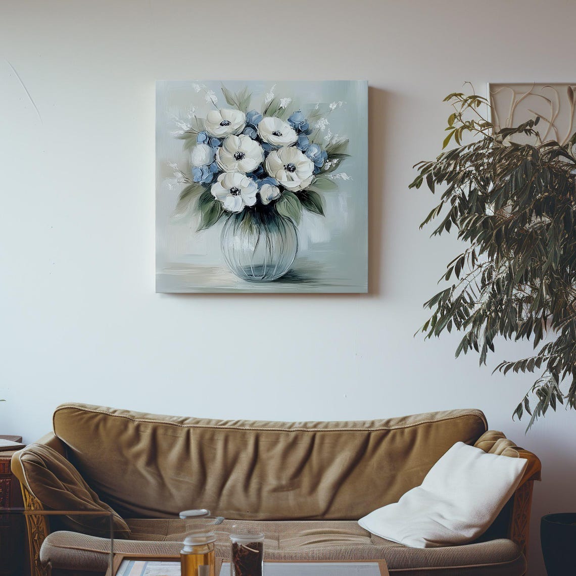 Beautiful Bouquet Of White Anemone Flowers Vintage Oil Painting Print Wall Hanging Living Room Decor Modern Design Floral Art Print - Image 4