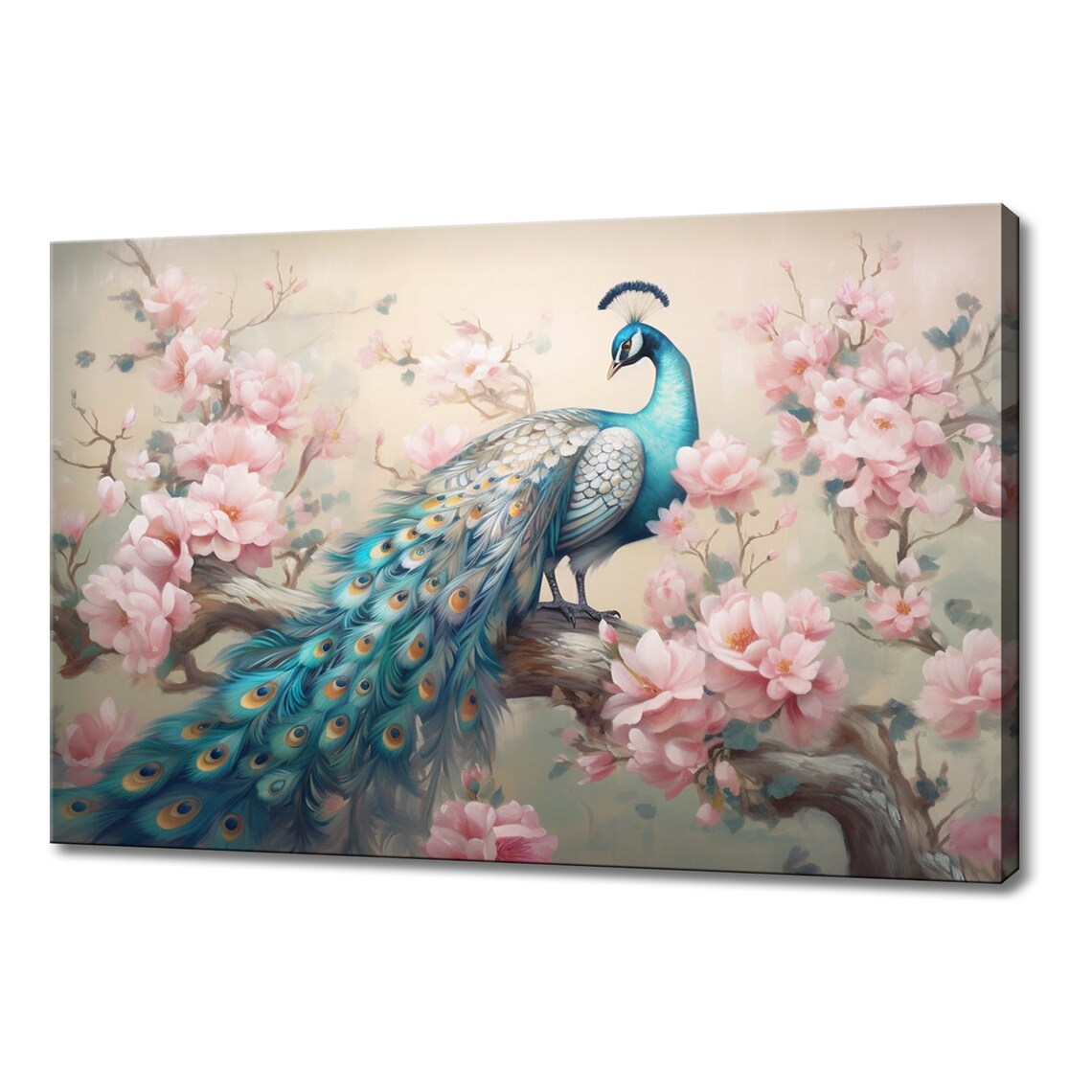 Peacock and Cherry Blossom Tree Art Print, Spring Scene