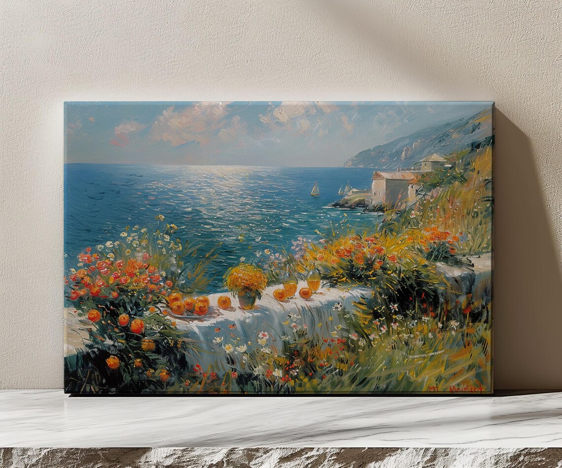 Mediterranean Sunset Seascape Vintage Oil Painting Monet Style Print Countryside Modern Living Room Wall Art Farmhouse Decor Art