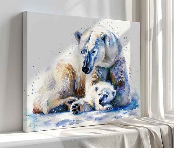 Mother Polar Bear Cub Arctic Watercolor Wildlife Painting Wall Art Poster