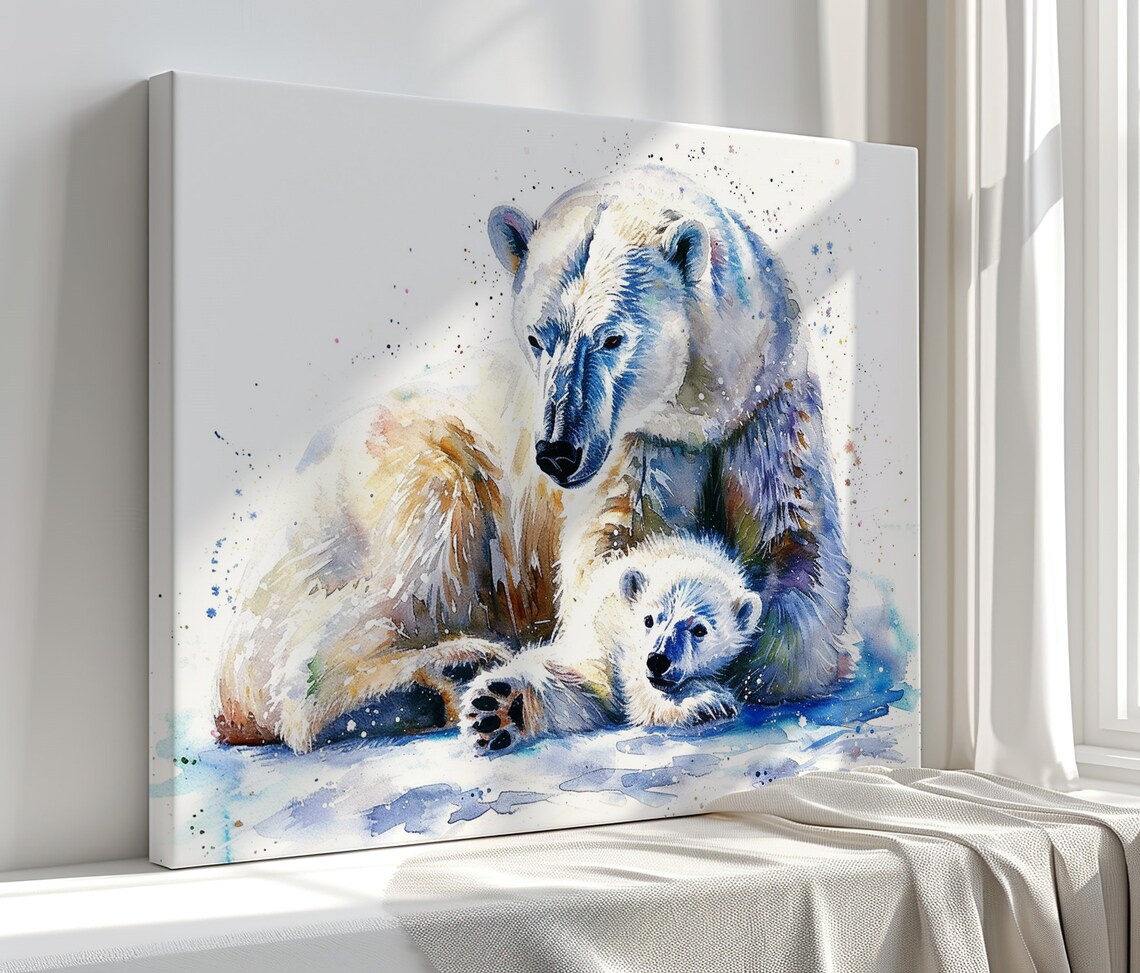 Mother Polar Bear Cub Arctic Watercolor Wildlife Painting Wall Art Poster