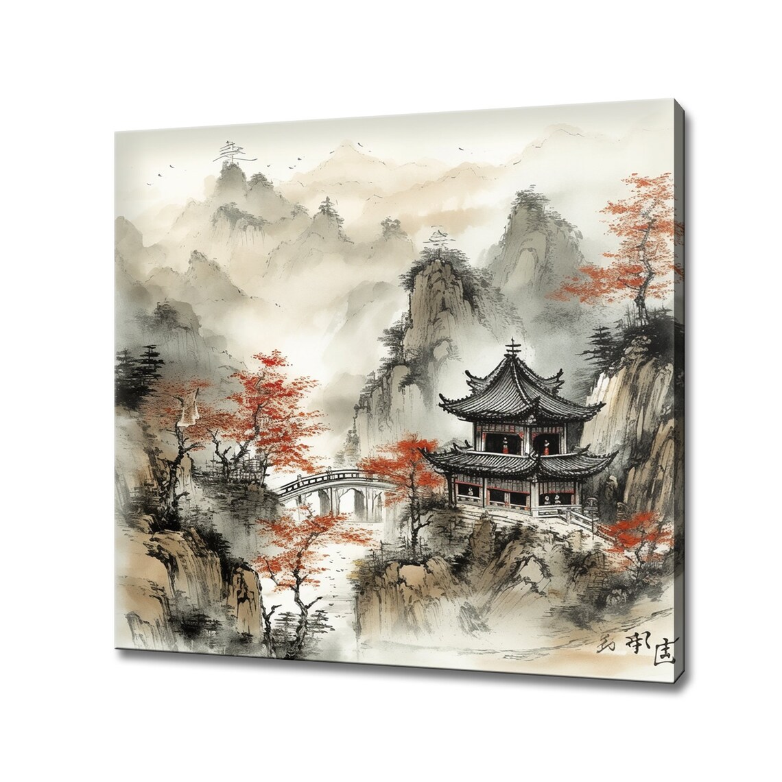 Misty Chinese Pagoda Mountain Ink Wash Red Maple Asian Landscape Wall Art Print
