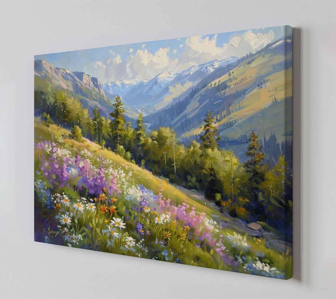 Mountain Valley Wildflower Meadow Snow Peaks Impressionist Poster