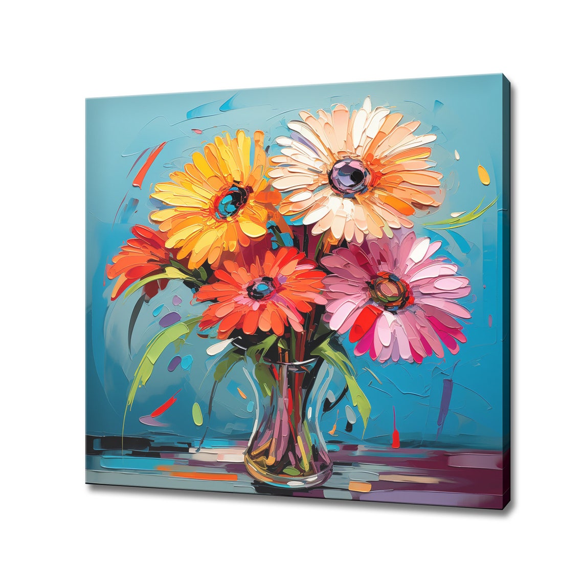 Gerbera Daisy Bouquet Glass Vase Colorful Impasto Oil Painting Print