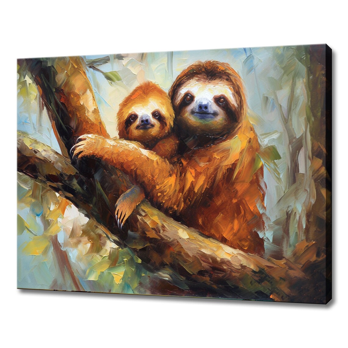 Sweet Sloth Pair Tree Branch Warm Oil Painting Jungle Wildlife Wall Art Print