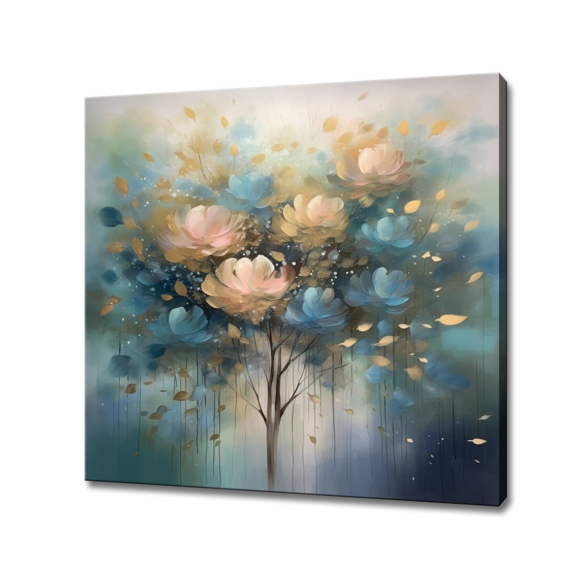 Pastel Blossoming Tree Pink Blue Gold Flowers Dreamy Floral Art Poster