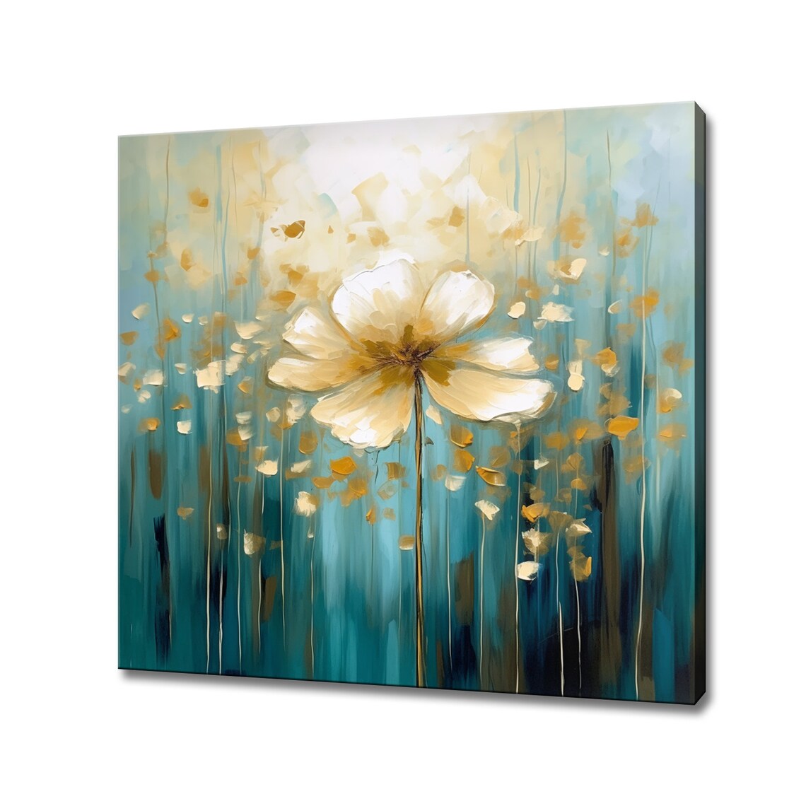 White Blooming Flower Abstract Teal Blue Gold Oil Painting Poster