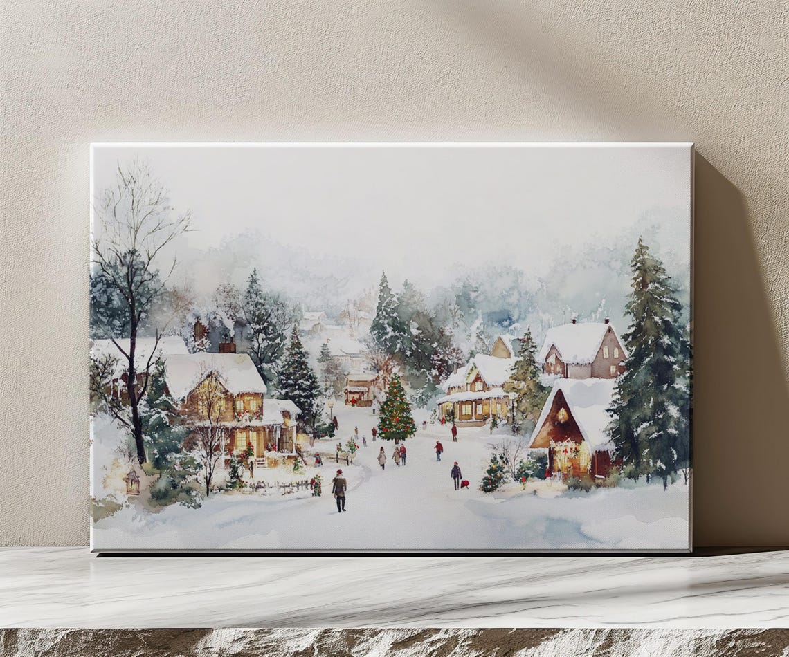 White Snowy Christmas Village Houses Vintage Painting Print Countryside Moody Print Living Room Wall Art Farmhouse Decor Art