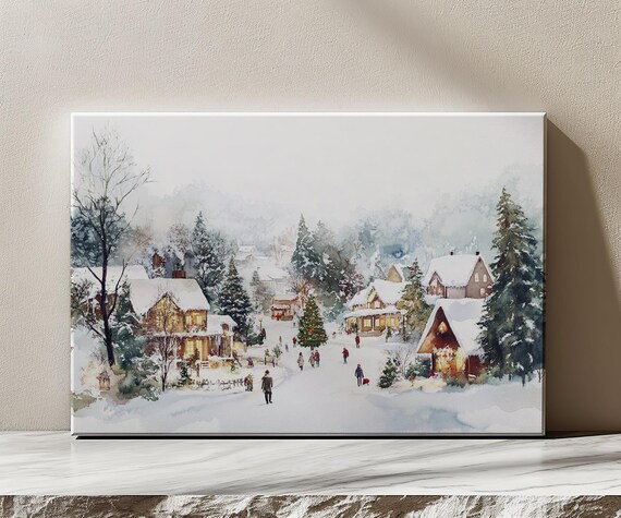 White Snowy Christmas Village Houses Vintage Painting Print Countryside Moody Print Living Room Wall Art Farmhouse Decor Art