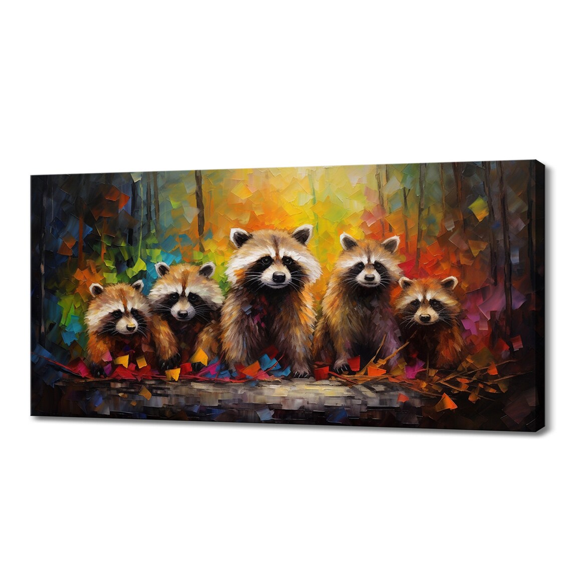 Raccoon Family Five Kits Colorful Woodland Nursery Art Poster