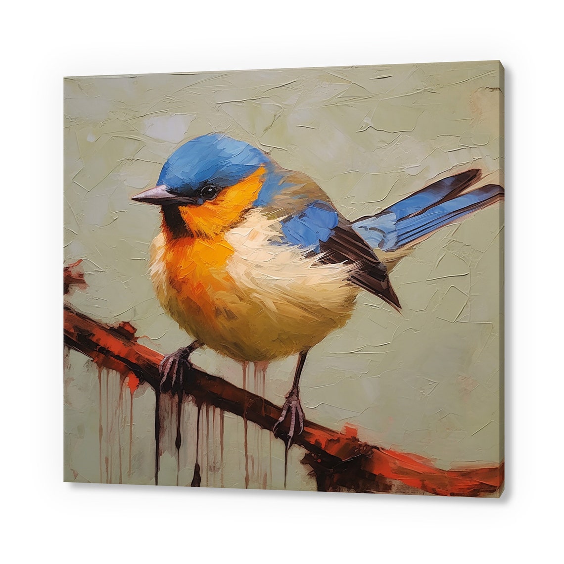 Blue And Gold Songbird On Branch Textured Impasto Oil Painting Poster