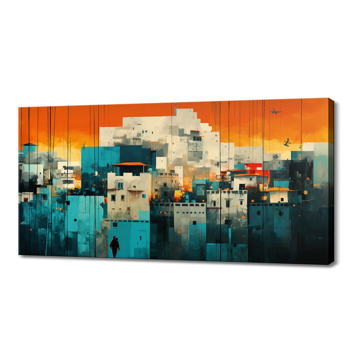 Abstract Cityscape Orange Teal Buildings Sunset Urban Art Poster