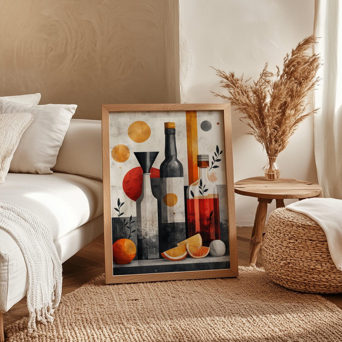 Abstract Cubist Bottle Poster With Citrus in Warm Modern Style - Image 4