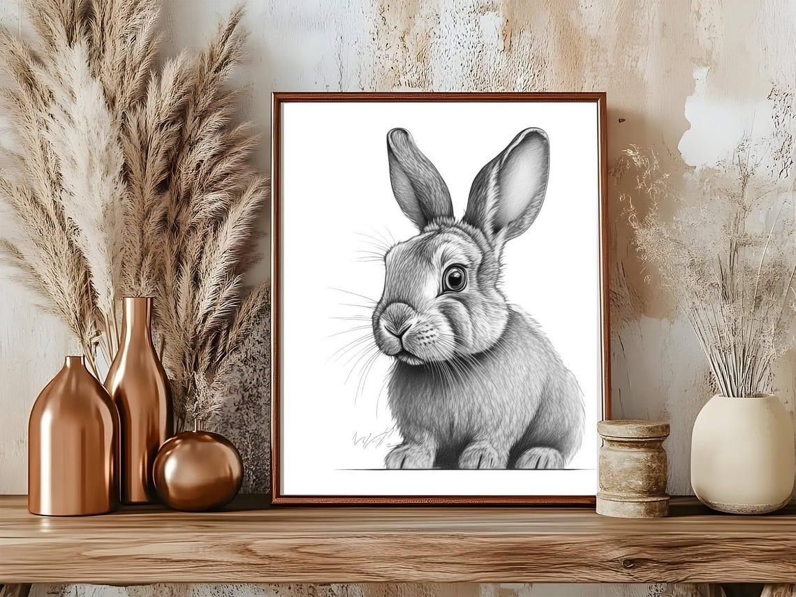 Realistic Rabbit Pencil Sketch Black and White Cute Animal Poster - Image 5