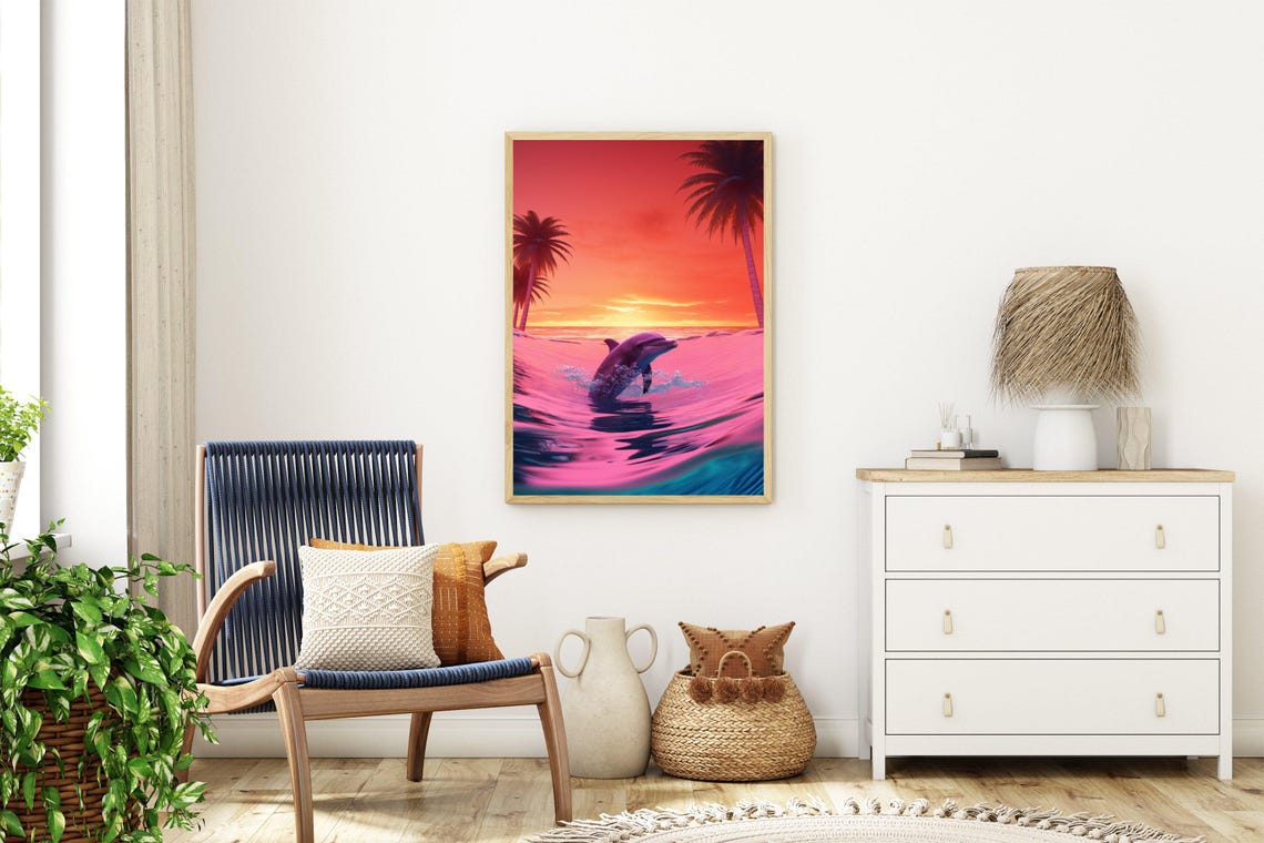 Dolphin Leaping at a Fiery Pink Tropical Sunset With Palms Poster - Image 3