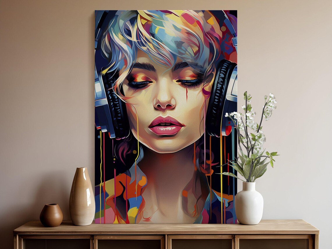 Colorful DJ Girl Portrait Wearing Headphones With Vibrant Drip Paint Poster - Image 5