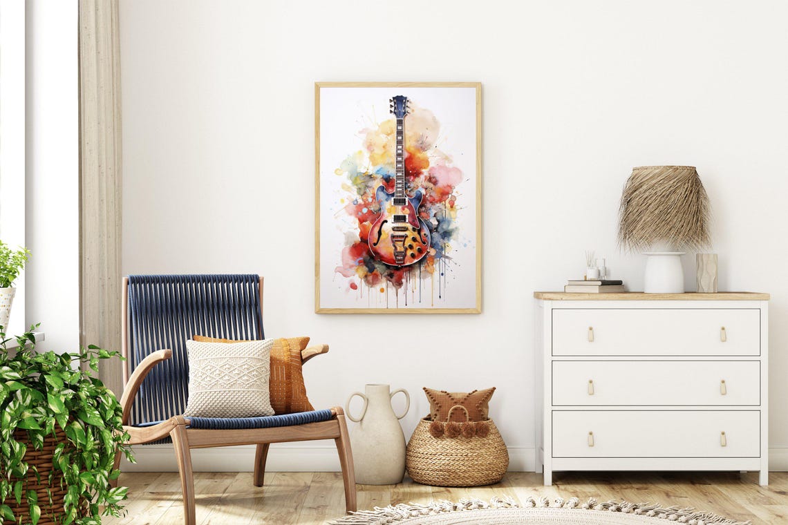 Watercolor Electric Guitar Bursting From Rainbow Paint Splashes Poster - Image 3