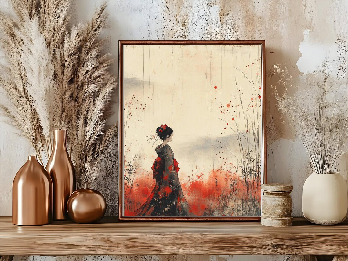 Geisha Seen from Behind in Dark Kimono Ink Watercolor Art Poster - Image 5