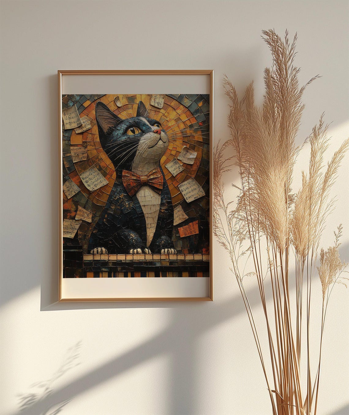 Funny Tuxedo Cat at Piano Poster With Bow Tie and Mosaic Style - Image 2