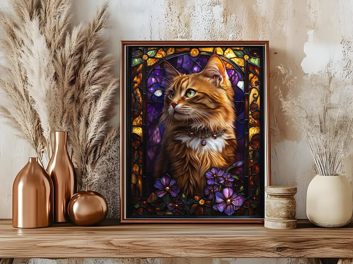 Orange Long Haired Cat Poster With Stained Glass and Purple Flowers - Image 5