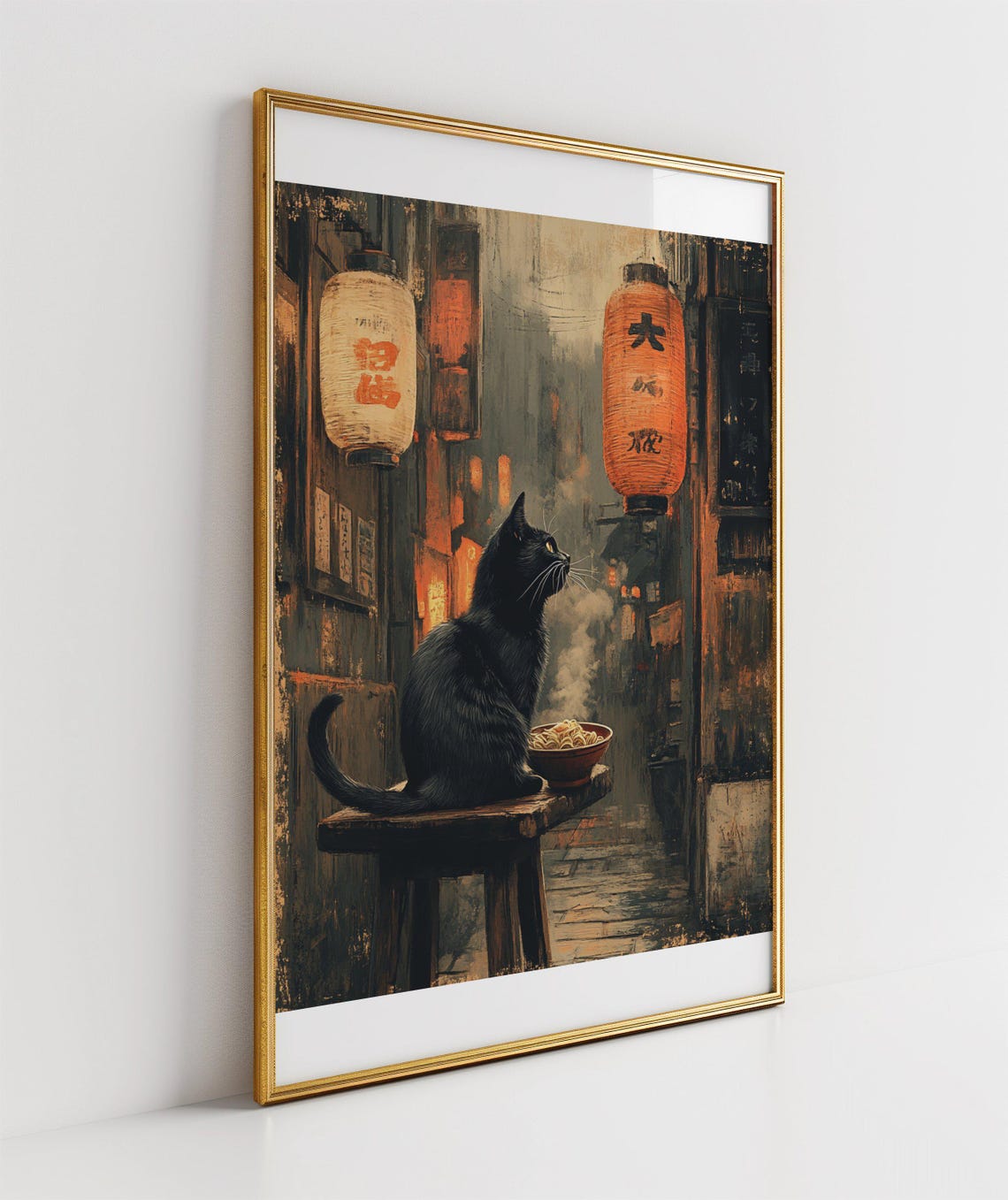 Black Cat in Japanese Street Poster With Lanterns and Noodles - Image 3