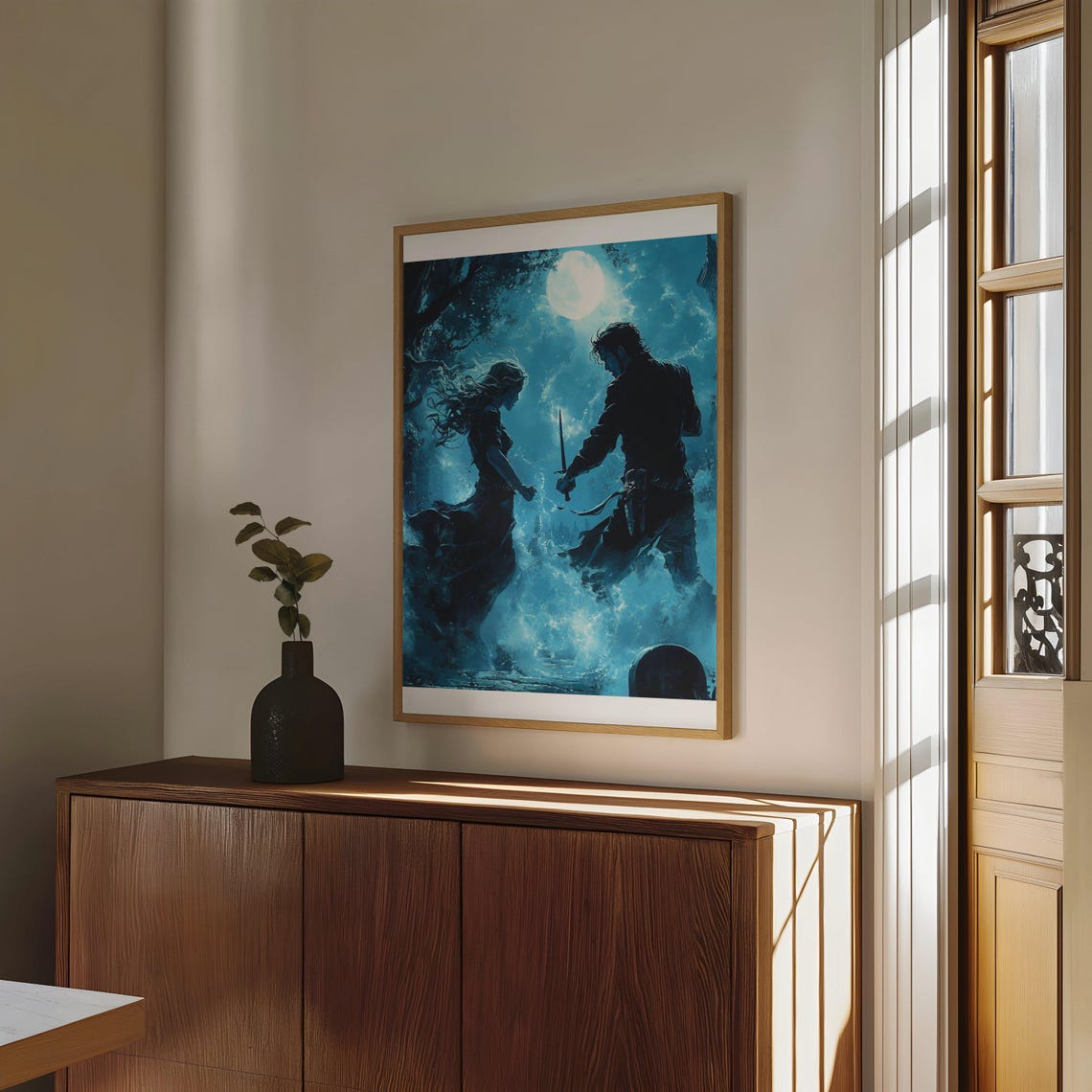 Enchanted Moonlit Duel Fantasy Wall Art Mystical Blue Night Sword Battle Print Mysterious Forest Dcor Magical Enemies Artwork - Image 4