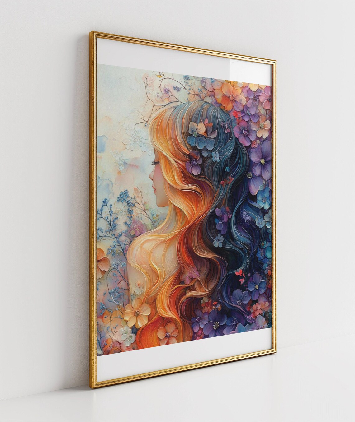 Floral Woman Portrait Poster Watercolor Flowers Hair Vibrant Art - Image 3