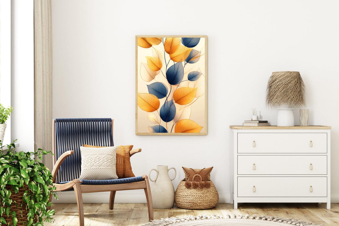 Translucent Amber and Blue Autumn Leaves on Soft Cream Poster - Image 3