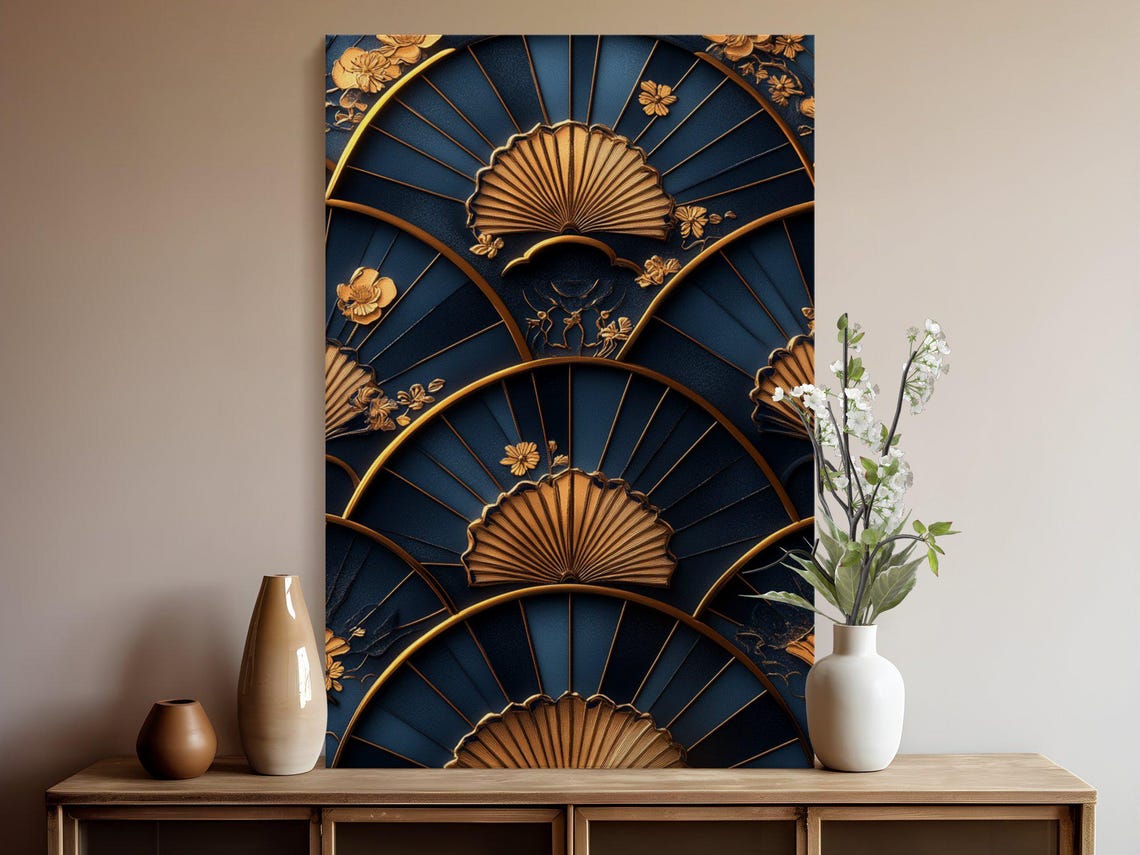 Golden Hand Fans and Blossoms Pattern on Deep Navy Blue Poster - Image 5