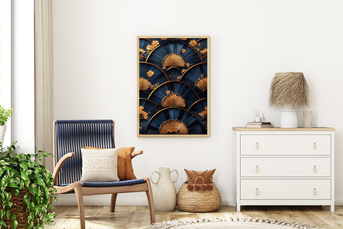 Golden Hand Fans and Blossoms Pattern on Deep Navy Blue Poster - Image 3