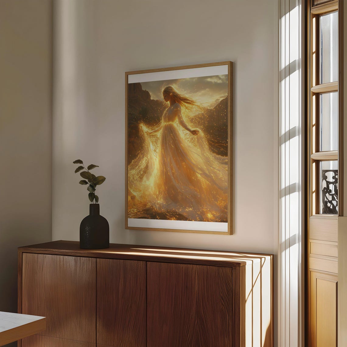 Ethereal Woman In A Flowing Golden Light Dress At Sunset Poster - Image 4