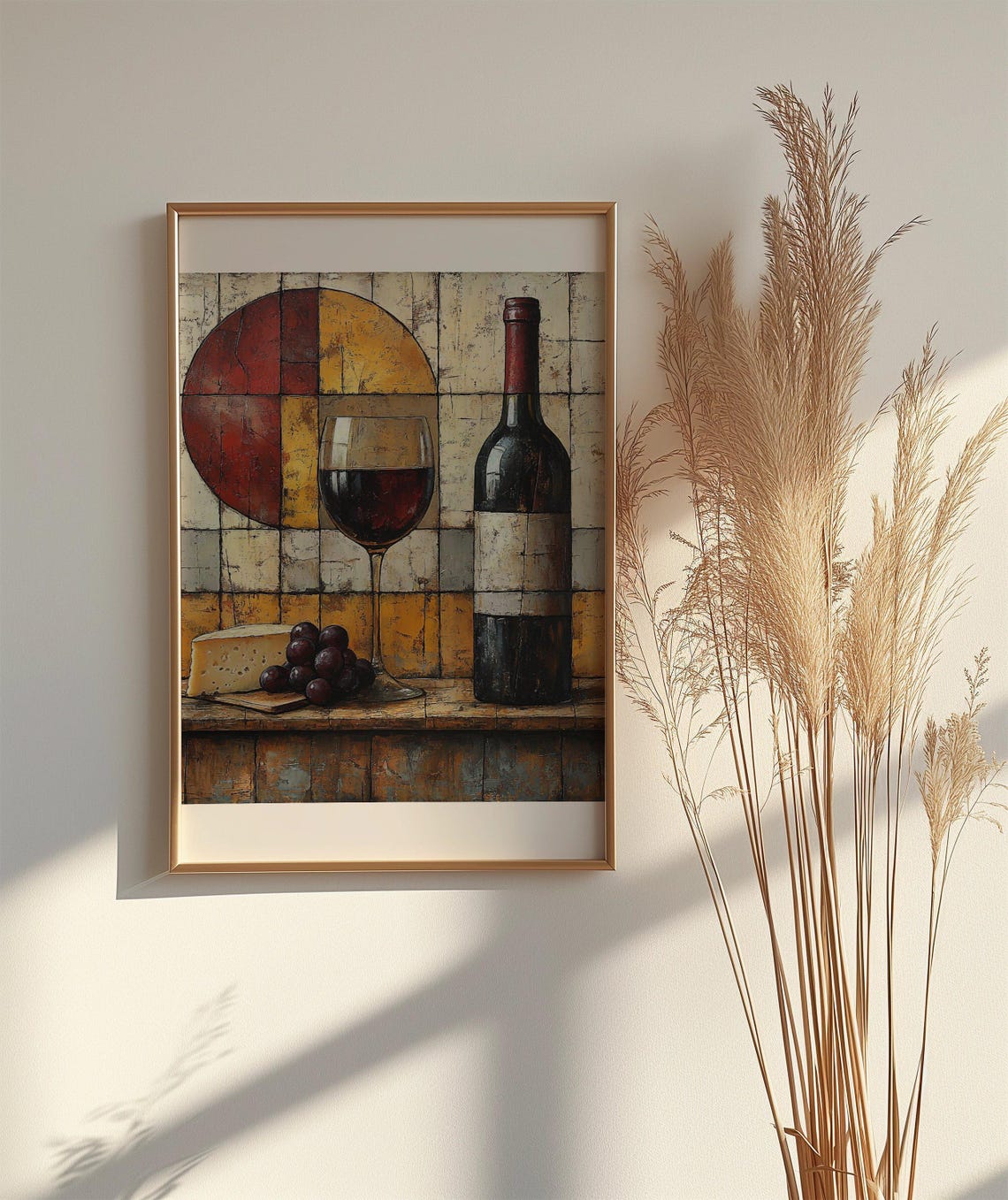 Wine Bottle and Glass Geometric Abstract Mosaic Tile Art Poster - Image 2
