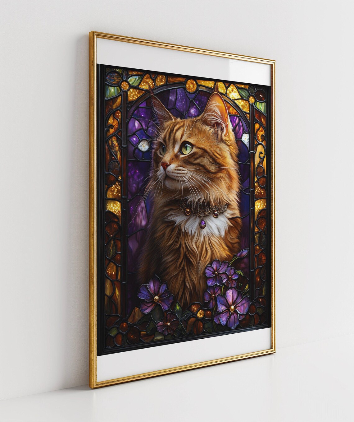 Orange Long Haired Cat Poster With Stained Glass and Purple Flowers - Image 3