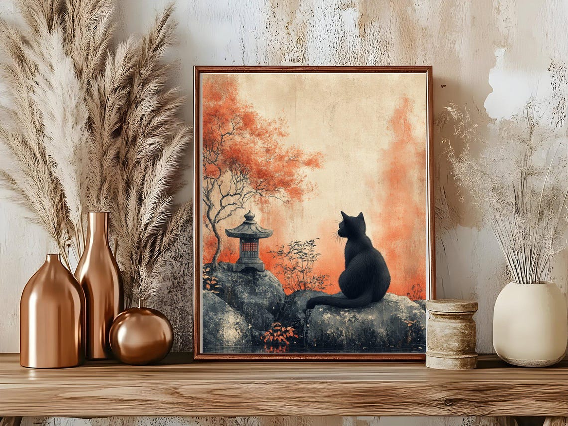 Black Cat Resting in a Japanese Zen Garden With Red Maple Tree Poster - Image 5