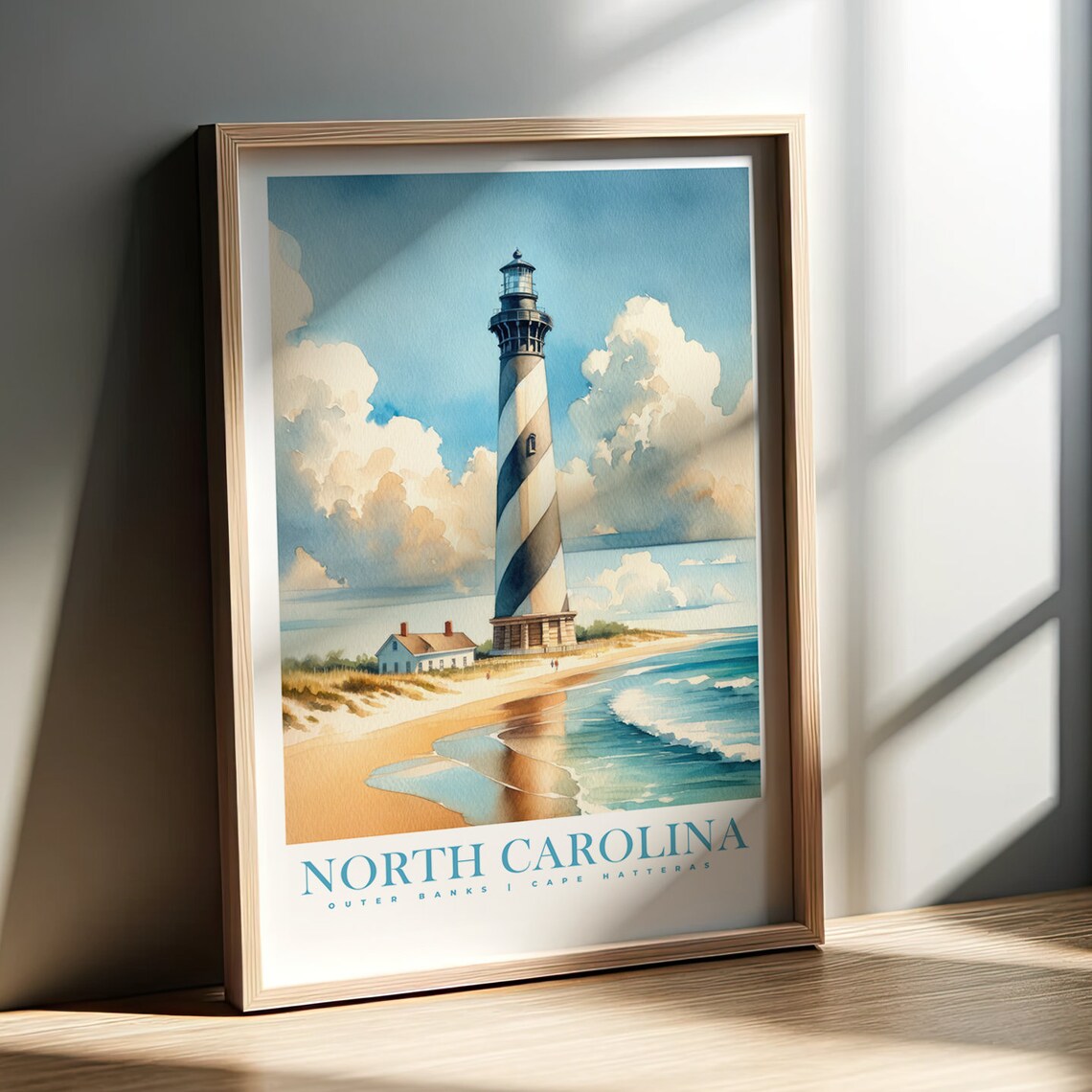 North Carolina Watercolor Print, Cape Hatteras Travel Poster