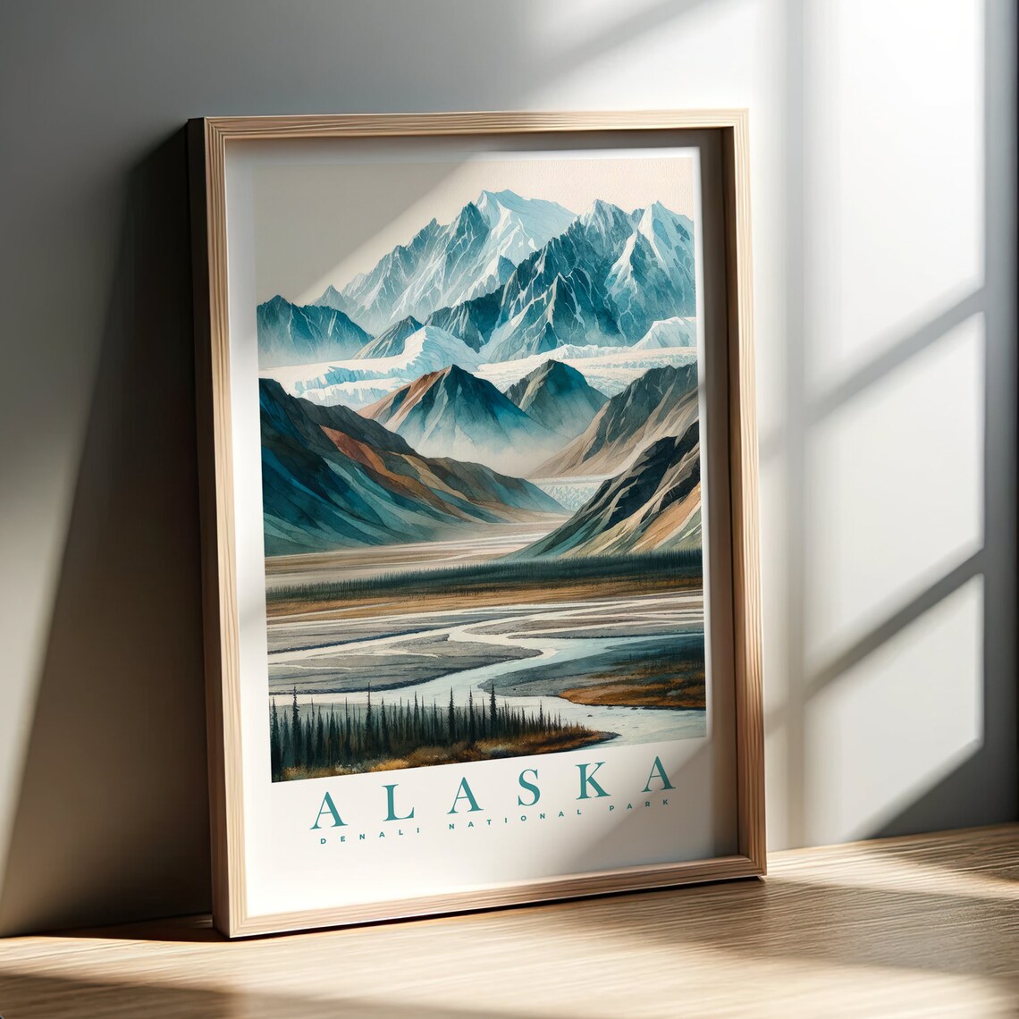 Alaska Denali National Park Watercolor Mountain River Landscape Poster