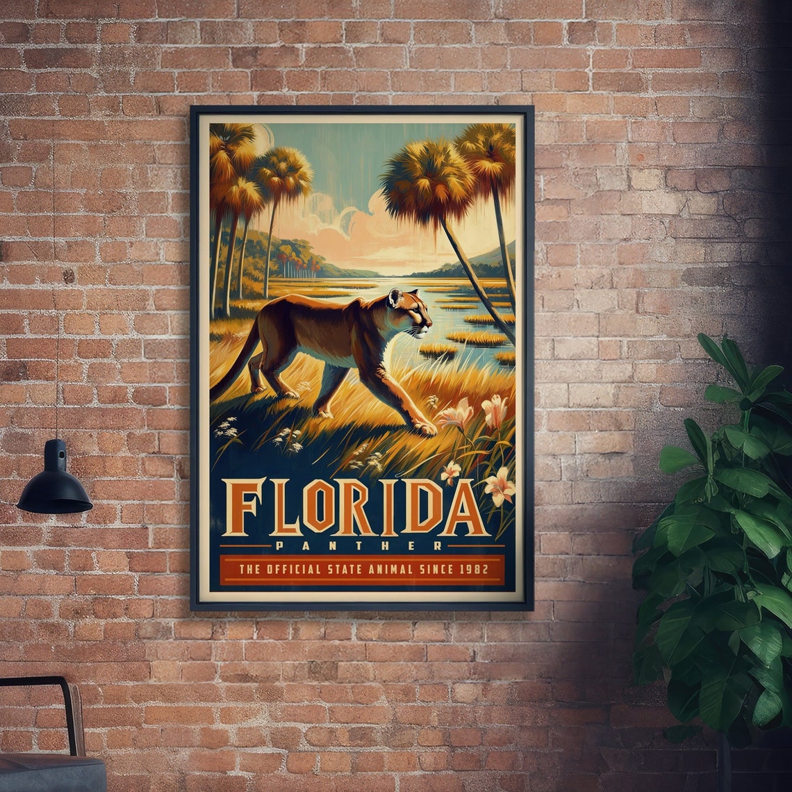 Florida Panther Wetlands Palm Trees Retro Vintage Wildlife Poster