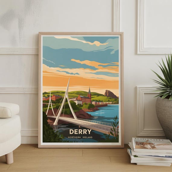Derry Peace Bridge Travel Poster Northern Ireland Wall Art Londonderry Cityscape Home Decor Gift