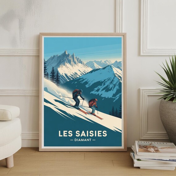 Les Saisies Diamant Skiers Steep Powder Slope Winter Sports Poster