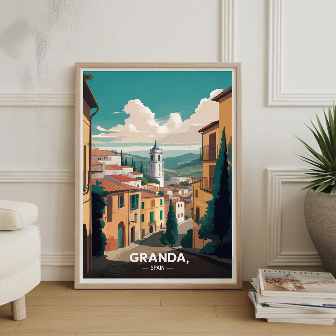 Granda Spain Retro Travel Poster Sunlit Old Town Cypress Streets