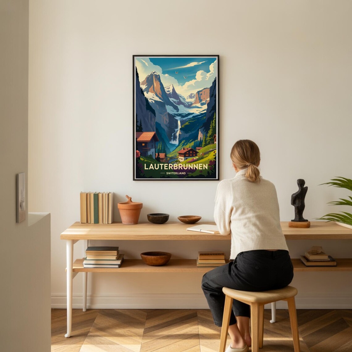 Lauterbrunnen Switzerland Alpine Valley Waterfall Chalet Travel Poster