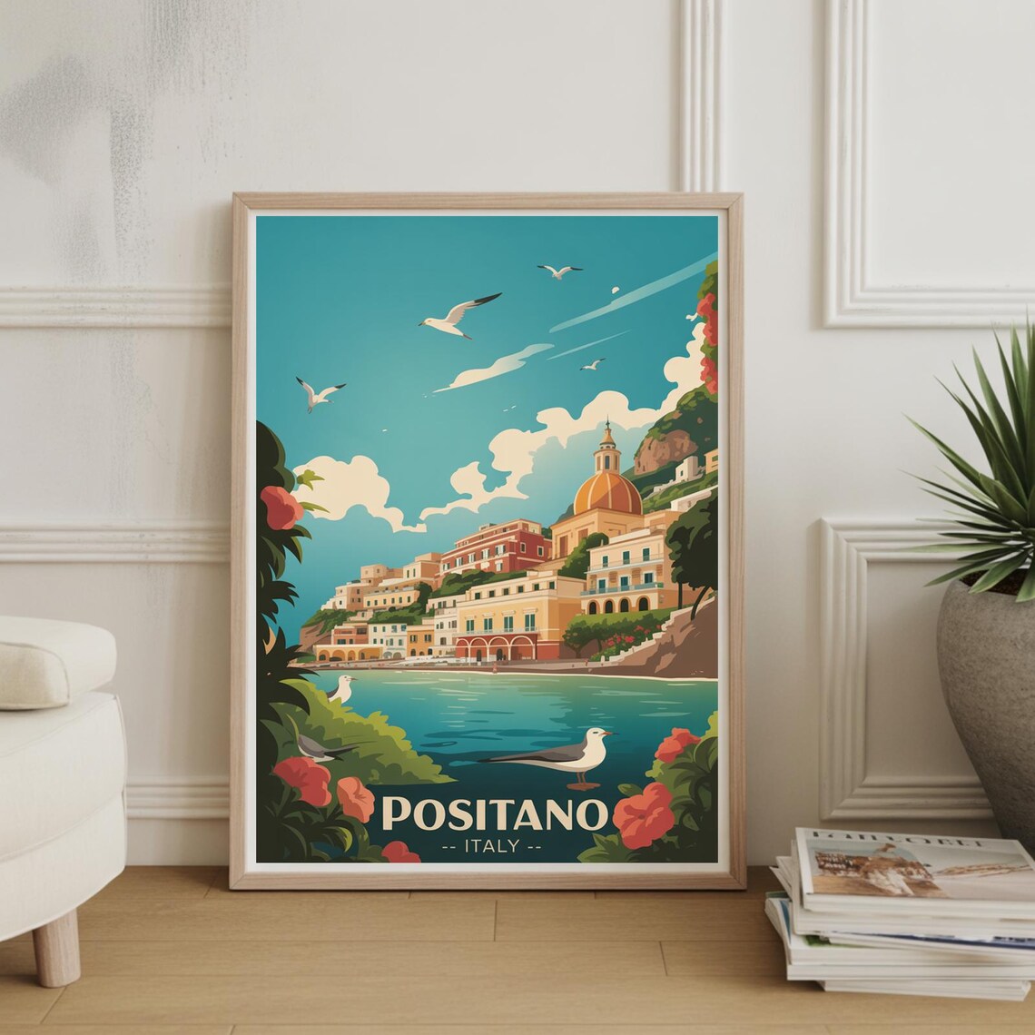 Positano Italy Amalfi Coast Retro Seaside Town Vintage Travel Poster