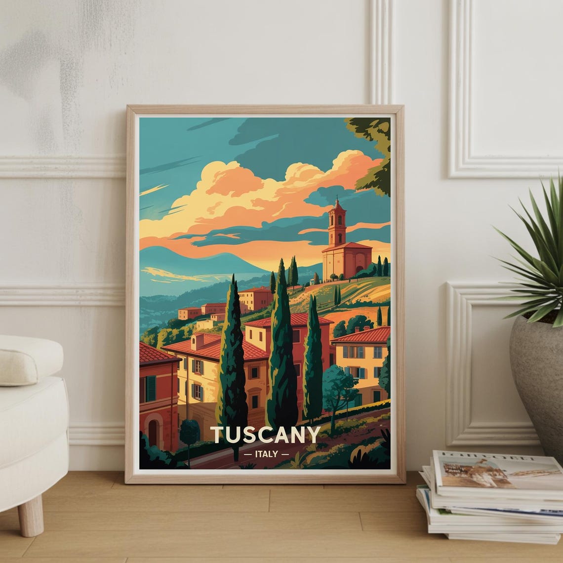 Tuscany Italy Rolling Hills Church and Cypress Trees Travel Poster