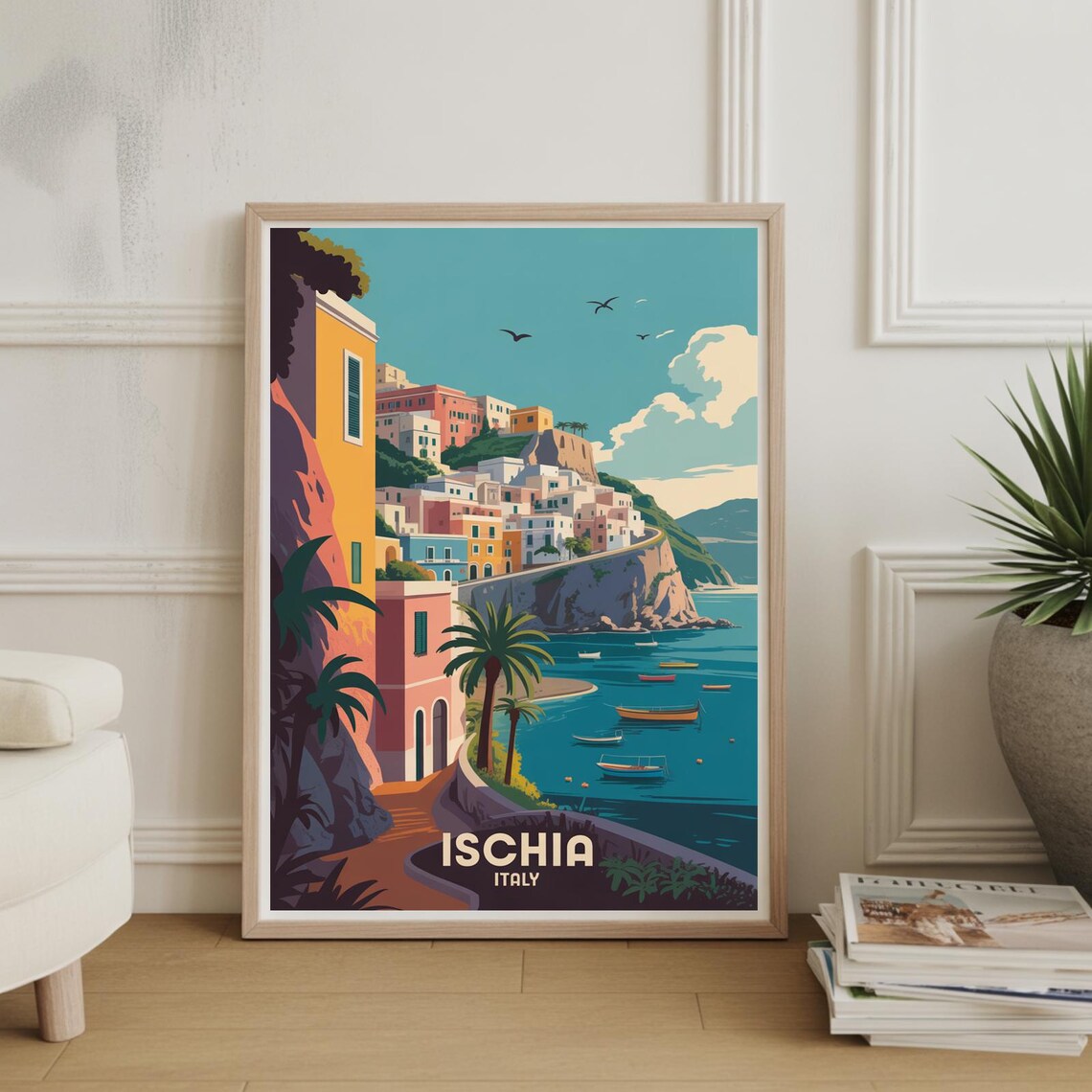 Ischia Italy Travel Poster Colorful Cliffside Town And Boats